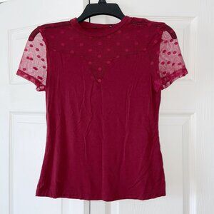 Verdusa Sheer Mesh Mock Neck Short Sleeve Fitted Tee Top Burgundy Medium